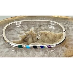 Vintage Taxco Mexican 925 Sterling Silver Multi Gemstone Hinged Oval Cuff Bangle